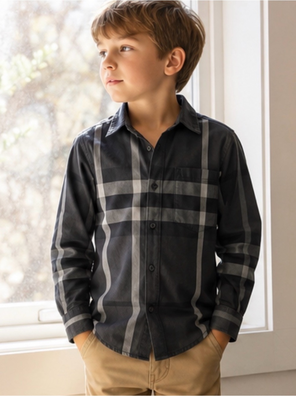 Burberry Kids Gray Nova Check Plaid Button Down Shirt Size 7Y 122cm Cotton
